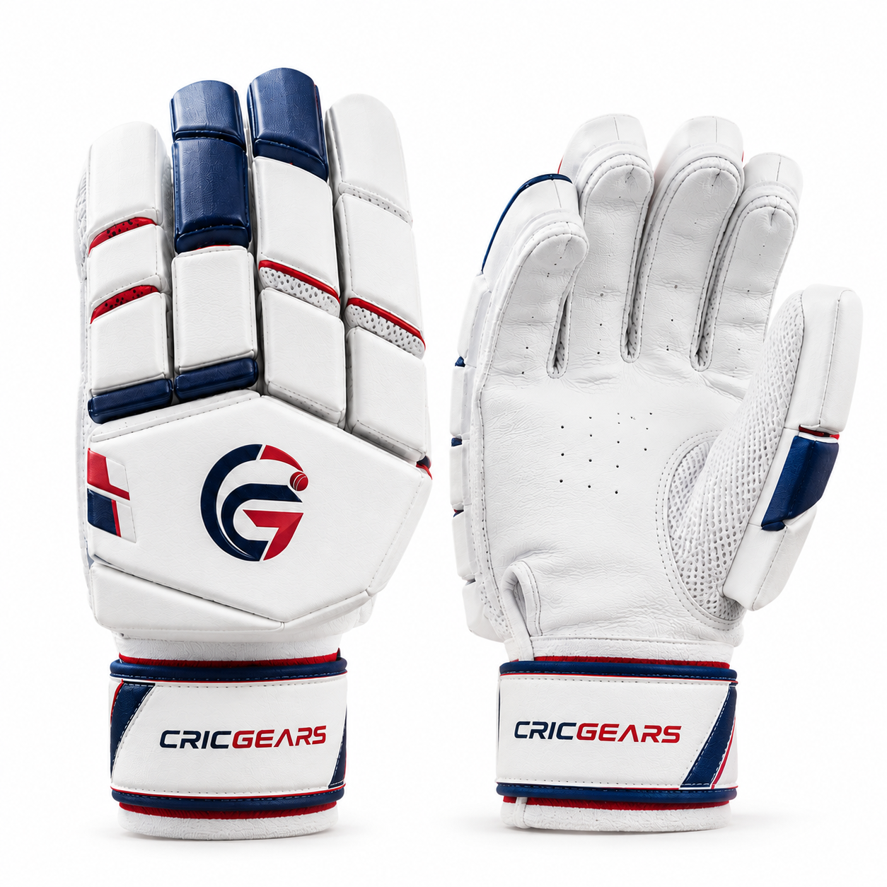 CricGears ProShield Premium Cricket Batting Gloves – White, Navy & Red