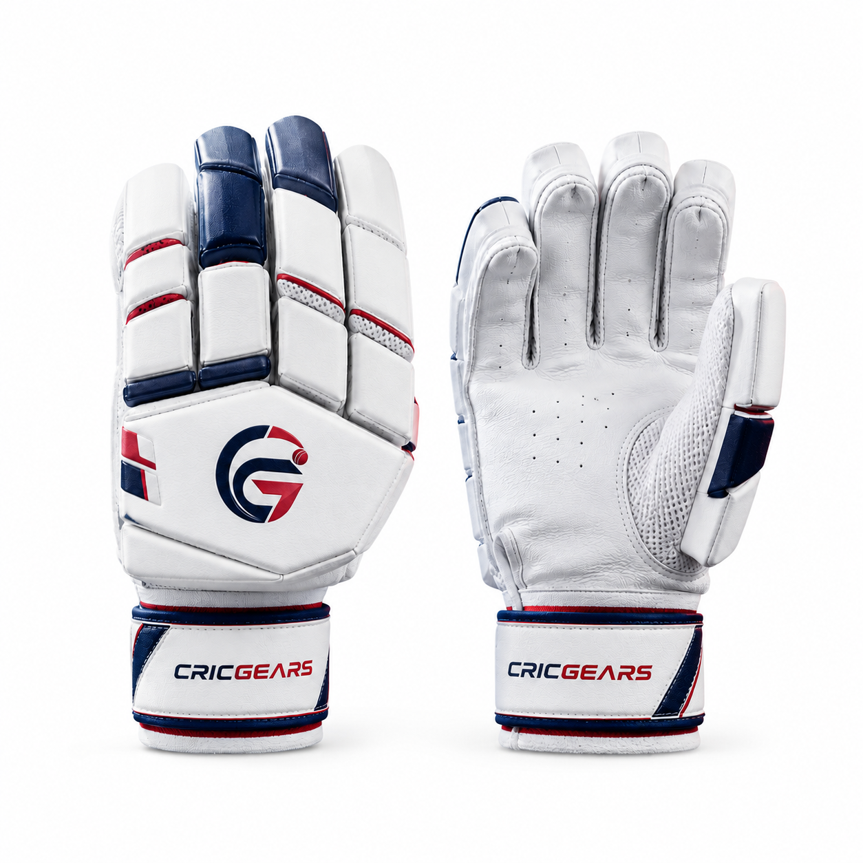 CricGears ProShield Premium Cricket Batting Gloves – White, Navy & Red