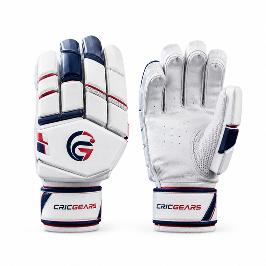 CricGears ProShield Premium Cricket Batting Gloves – White, Navy & Red