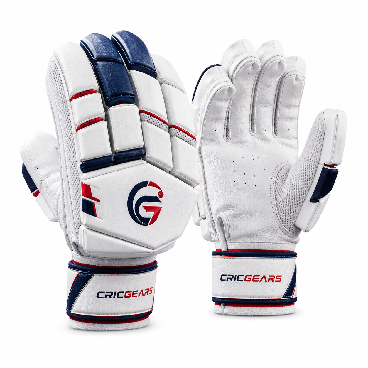 CricGears ProShield Premium Cricket Batting Gloves – White, Navy & Red