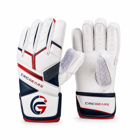 CricGears StrikerX Pro Cricket Wicket-Keeping Gloves – White, Navy &amp; Red