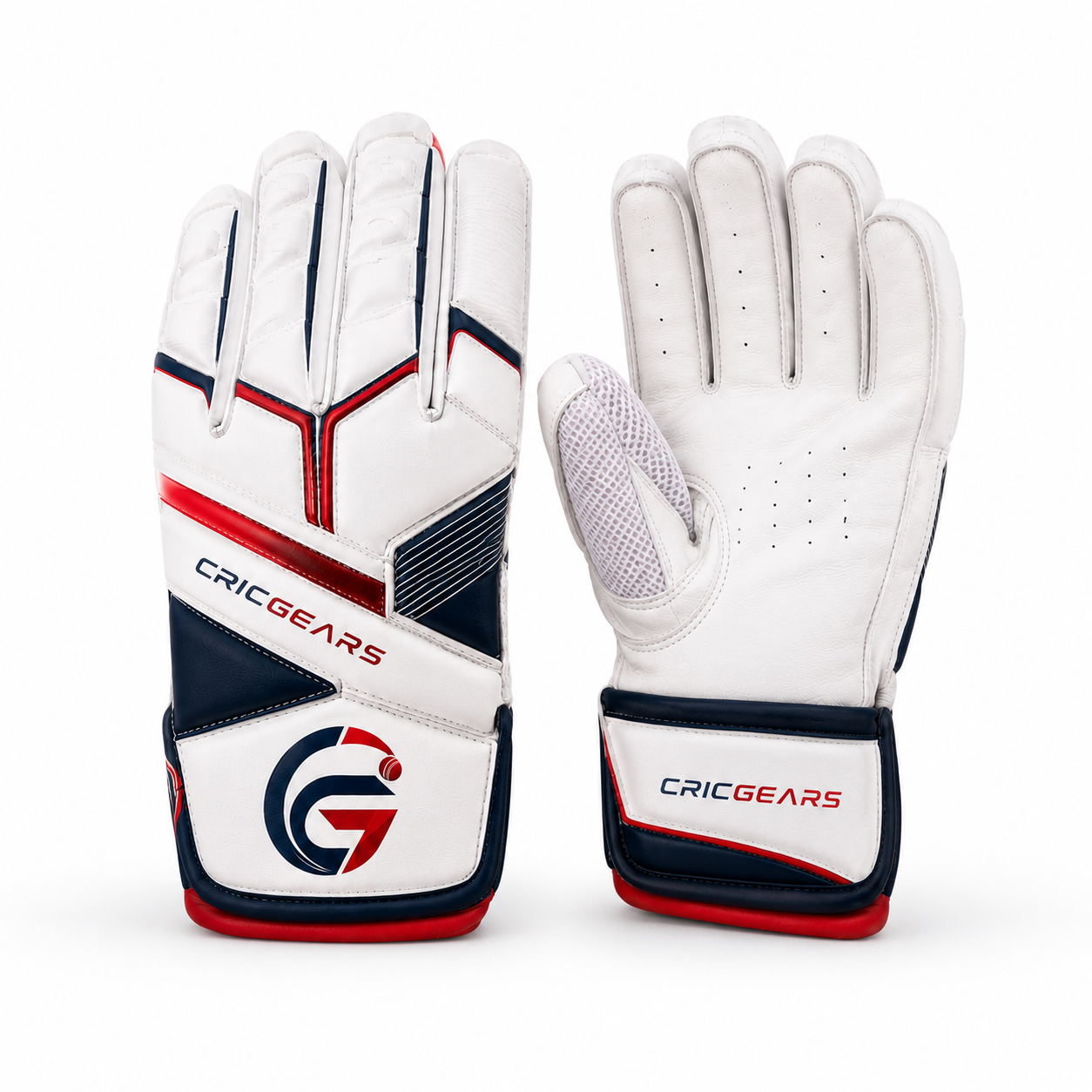 CricGears StrikerX Pro Cricket Wicket-Keeping Gloves – White, Navy &amp; Red