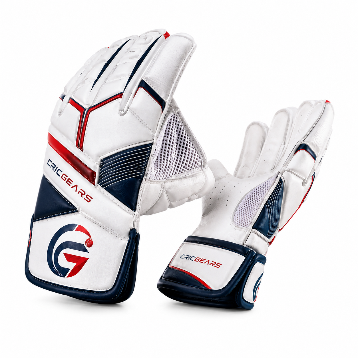 CricGears StrikerX Pro Cricket Wicket-Keeping Gloves – White, Navy &amp; Red